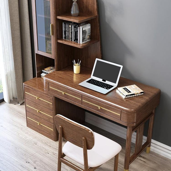 SK21 Executive Office Desk with Side Storage Cabinet, Rosewood Finish & Gold Frame Modern Computer Workstation Writing Table - Sleek Furniture