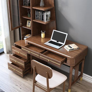 SK21 Executive Office Desk with Side Storage Cabinet, Rosewood Finish & Gold Frame Modern Computer Workstation Writing Table - Sleek Furniture