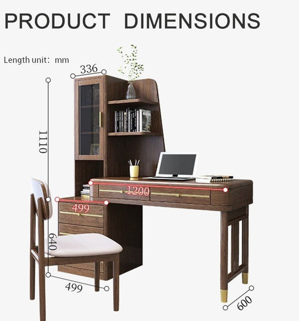 SK21 Executive Office Desk with Side Storage Cabinet, Rosewood Finish & Gold Frame Modern Computer Workstation Writing Table - Sleek Furniture