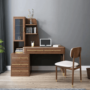 SK21 Executive Office Desk with Side Storage Cabinet, Rosewood Finish & Gold Frame Modern Computer Workstation Writing Table - Sleek Furniture