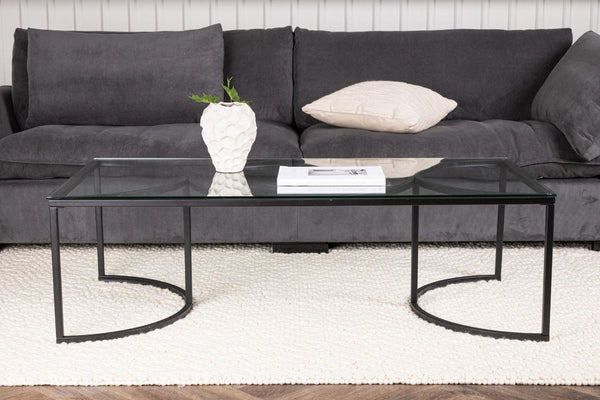 Skanör Rectangular Sofa Table | Black Glass Top with Steel Frame