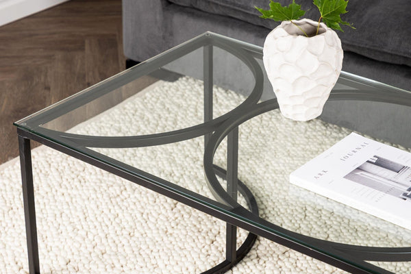 Skanör Rectangular Sofa Table | Black Glass Top with Steel Frame