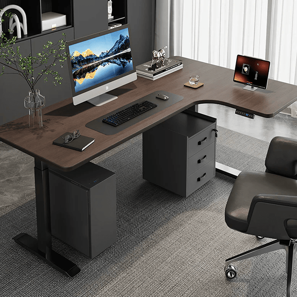 Smart Electric Height Adjustable Standing Office Desk – L - Shaped Corner Computer Desk with Motorized Lift System, Ergonomic Modern Workstation for Home & Office (Walnut & Black) - Sleek Furniture