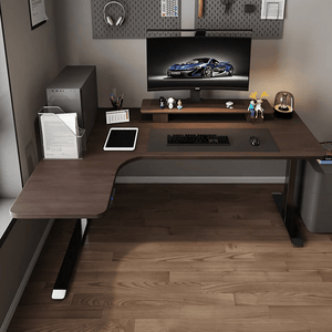 Smart Electric Height Adjustable Standing Office Desk – L - Shaped Corner Computer Desk with Motorized Lift System, Ergonomic Modern Workstation for Home & Office (Walnut & Black) - Sleek Furniture