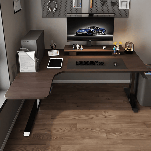 Smart Electric Height Adjustable Standing Office Desk – L - Shaped Corner Computer Desk with Motorized Lift System, Ergonomic Modern Workstation for Home & Office (Walnut & Black) - Sleek Furniture