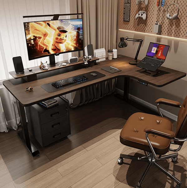 Smart Electric Height Adjustable Standing Office Desk – L - Shaped Corner Computer Desk with Motorized Lift System, Ergonomic Modern Workstation for Home & Office (Walnut & Black) - Sleek Furniture