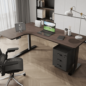 Smart Electric Height Adjustable Standing Office Desk – L - Shaped Corner Computer Desk with Motorized Lift System, Ergonomic Modern Workstation for Home & Office (Walnut & Black) - Sleek Furniture