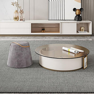 Sogo Rotating Round Coffee Table Set with TV Stand, Sintered Stone Top, Glass Storage Shelf, Modern Living Room Furniture - Sleek Furniture