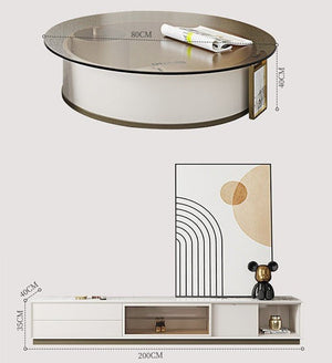 Sogo Rotating Round Coffee Table Set with TV Stand, Sintered Stone Top, Glass Storage Shelf, Modern Living Room Furniture - Sleek Furniture