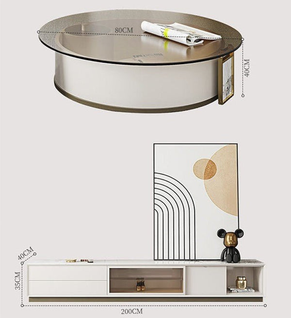 Sogo Rotating Round Coffee Table Set with TV Stand, Sintered Stone Top, Glass Storage Shelf, Modern Living Room Furniture - Sleek Furniture