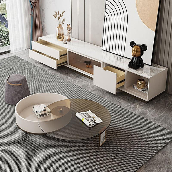Sogo Rotating Round Coffee Table Set with TV Stand, Sintered Stone Top, Glass Storage Shelf, Modern Living Room Furniture - Sleek Furniture
