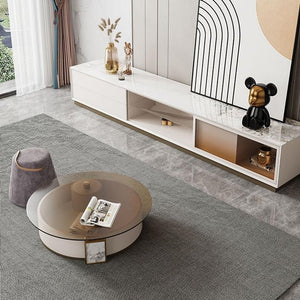 Sogo Rotating Round Coffee Table Set with TV Stand, Sintered Stone Top, Glass Storage Shelf, Modern Living Room Furniture - Sleek Furniture
