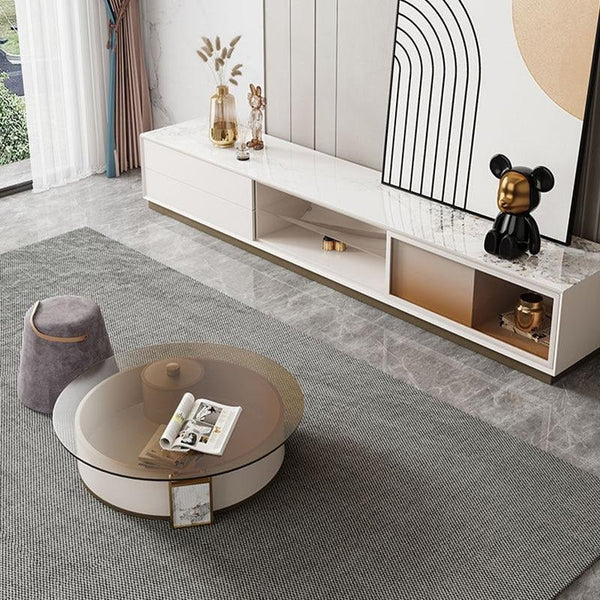 Sogo Rotating Round Coffee Table Set with TV Stand, Sintered Stone Top, Glass Storage Shelf, Modern Living Room Furniture - Sleek Furniture