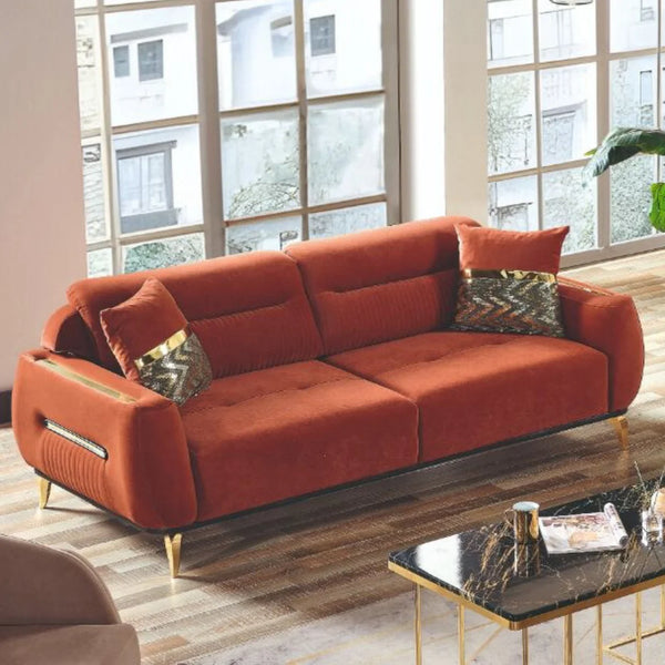 Fiesta 3 Seater Sofa Set | Modern Fabric Sofa with Plush Cushions & Gold Legs | Available in Mink or Orange | Contemporary Living Room Furniture