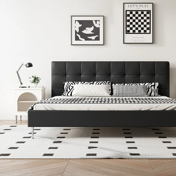 Stella King Size / Super King Size Upholstered Bed Frame, Black PU Leather Contemporary Wooden Base Bed - Sleek Furniture