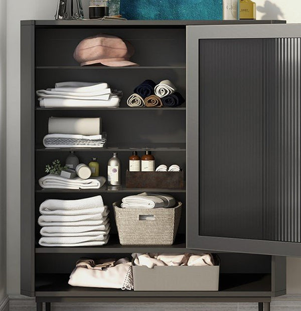 Sten Modern Shoe Storage Cabinet Unit with Metal Frame, MDF Shelving & Glass Detail – Freestanding Contemporary Entryway Shoe Organizer (Grey/Black/Red) - Sleek Furniture