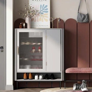 Sten Modern Shoe Storage Cabinet Unit with Metal Frame, MDF Shelving & Glass Detail – Freestanding Contemporary Entryway Shoe Organizer (Grey/Black/Red) - Sleek Furniture