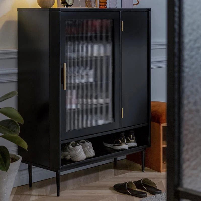 Sten Modern Shoe Storage Cabinet Unit with Metal Frame, MDF Shelving & Glass Detail – Freestanding Contemporary Entryway Shoe Organizer (Grey/Black/Red) - Sleek Furniture