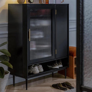 Sten Modern Shoe Storage Cabinet Unit with Metal Frame, MDF Shelving & Glass Detail – Freestanding Contemporary Entryway Shoe Organizer (Grey/Black/Red) - Sleek Furniture