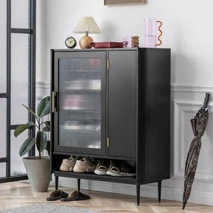 Sten Modern Shoe Storage Cabinet Unit with Metal Frame, MDF Shelving & Glass Detail – Freestanding Contemporary Entryway Shoe Organizer (Grey/Black/Red) - Sleek Furniture