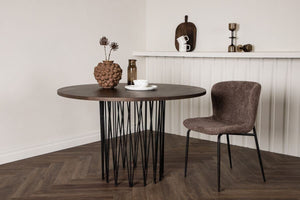 Stone Round Dining Table | Black Metal Base with Mocca MDF Top