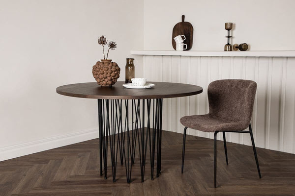 Stone Round Dining Table | Black Metal Base with Mocca MDF Top