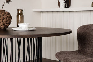 Stone Round Dining Table | Black Metal Base with Mocca MDF Top