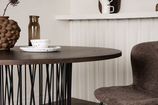 Stone Round Dining Table | Black Metal Base with Mocca MDF Top