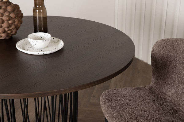 Stone Round Dining Table | Black Metal Base with Mocca MDF Top