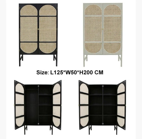 Tandy Black Rattan Wardrobe with Oak Effect Finish – Modern Double Door Storage Cabinet for Bedroom - Sleek Furniture