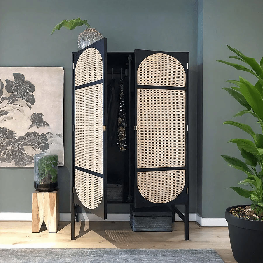 Tandy Black Rattan Wardrobe with Oak Effect Finish – Modern Double Door Storage Cabinet for Bedroom - Sleek Furniture