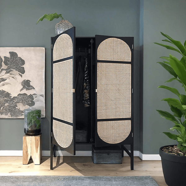 Tandy Black Rattan Wardrobe with Oak Effect Finish – Modern Double Door Storage Cabinet for Bedroom - Sleek Furniture