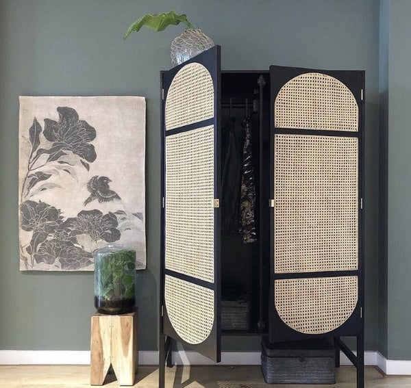 Tandy Black Rattan Wardrobe with Oak Effect Finish – Modern Double Door Storage Cabinet for Bedroom - Sleek Furniture