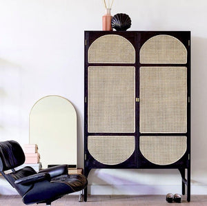 Tandy Black Rattan Wardrobe with Oak Effect Finish – Modern Double Door Storage Cabinet for Bedroom - Sleek Furniture