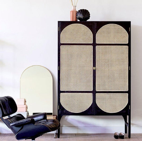 Tandy Black Rattan Wardrobe with Oak Effect Finish – Modern Double Door Storage Cabinet for Bedroom - Sleek Furniture