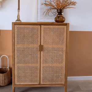 Tandy T3 Rattan Sideboard Cabinet – Hallway Storage Unit & Shoe Organizer, Modern Wooden Storage Cabinet with Rattan Doors, Oak & Black Finish - Sleek Furniture
