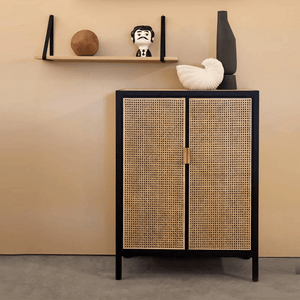 Tandy T3 Rattan Sideboard Cabinet – Hallway Storage Unit & Shoe Organizer, Modern Wooden Storage Cabinet with Rattan Doors, Oak & Black Finish - Sleek Furniture