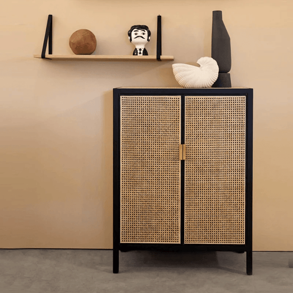 Tandy T3 Rattan Sideboard Cabinet – Hallway Storage Unit & Shoe Organizer, Modern Wooden Storage Cabinet with Rattan Doors, Oak & Black Finish - Sleek Furniture