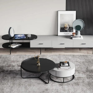 Teddy Black & Off White Nesting Coffee Table Set – Modern Painted Steel & MDF Round Accent Tables for Living Room - Sleek Furniture