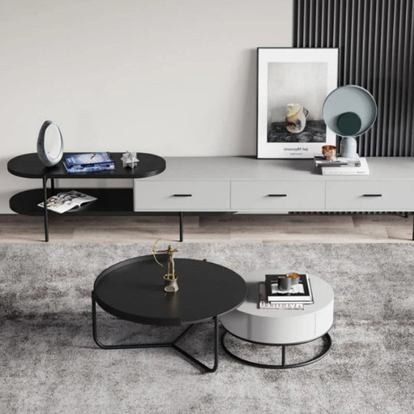 Teddy Black & Off White Nesting Coffee Table Set – Modern Painted Steel & MDF Round Accent Tables for Living Room - Sleek Furniture