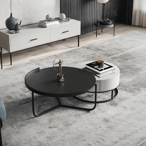 Teddy Black & Off White Nesting Coffee Table Set – Modern Painted Steel & MDF Round Accent Tables for Living Room - Sleek Furniture