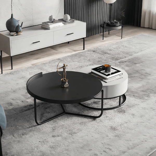 Teddy Black & Off White Nesting Coffee Table Set – Modern Painted Steel & MDF Round Accent Tables for Living Room - Sleek Furniture