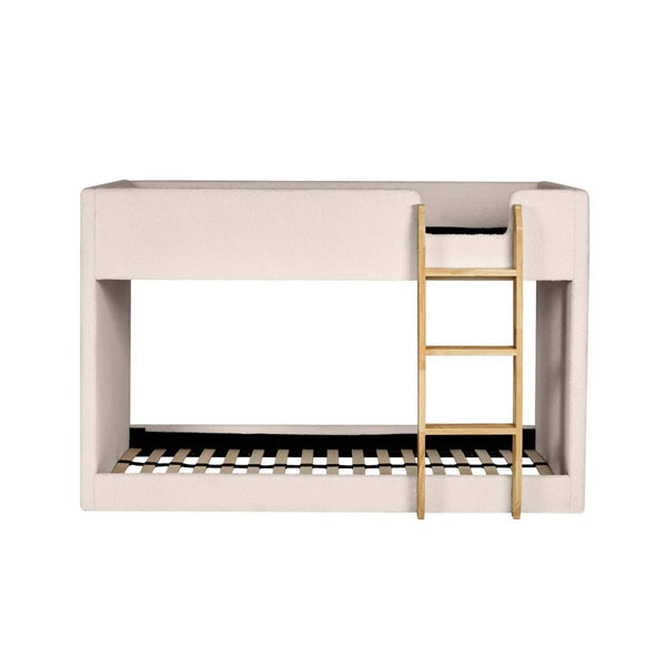 Teddy Bouclé Upholstered Kids Bunk Bed with Natural Wooden Ladder – Cream - Sleek Furniture