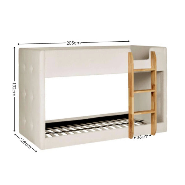 Teddy Bouclé Upholstered Kids Bunk Bed with Natural Wooden Ladder – Cream - Sleek Furniture