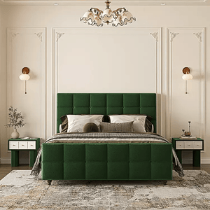Thessaly Modern Upholstered Double Bed Frame – Wooden Structure with Soft Flannelette Finish, Contemporary Platform Bed for Bedroom, Dark Green & Black - Sleek Furniture