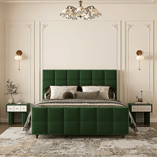 Thessaly Modern Upholstered Double Bed Frame – Wooden Structure with Soft Flannelette Finish, Contemporary Platform Bed for Bedroom, Dark Green & Black - Sleek Furniture
