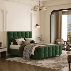 Thessaly Modern Upholstered Double Bed Frame – Wooden Structure with Soft Flannelette Finish, Contemporary Platform Bed for Bedroom, Dark Green & Black - Sleek Furniture