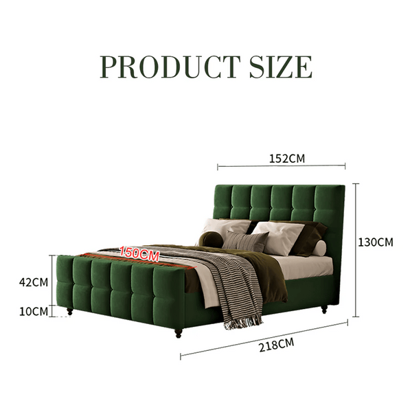 Thessaly Modern Upholstered Double Bed Frame – Wooden Structure with Soft Flannelette Finish, Contemporary Platform Bed for Bedroom, Dark Green & Black - Sleek Furniture