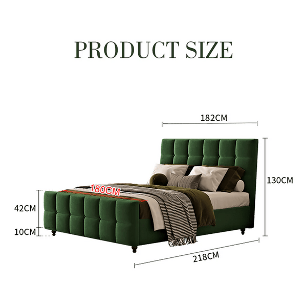 Thessaly Modern Upholstered Double Bed Frame – Wooden Structure with Soft Flannelette Finish, Contemporary Platform Bed for Bedroom, Dark Green & Black - Sleek Furniture
