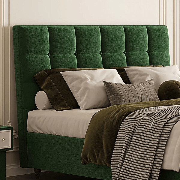 Thessaly Modern Upholstered Double Bed Frame – Wooden Structure with Soft Flannelette Finish, Contemporary Platform Bed for Bedroom, Dark Green & Black - Sleek Furniture